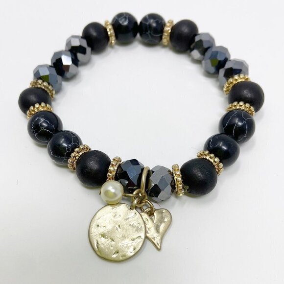 Black Beaded Stretch Bracelet w/Tree, Heart & Pearl Charms - Picture 2 of 4